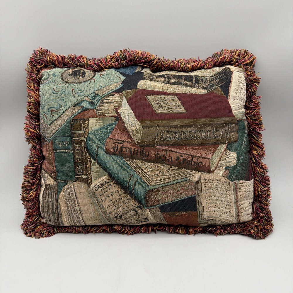 VTG Tapestry Throw Pillow Books/Reading  19"x14"